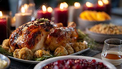 Festive roast chicken dinner by candlelight with sides and cranberries