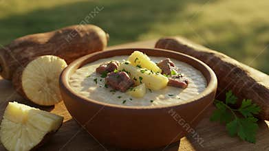 Creamy Cassava Soup with Meat and Parsley