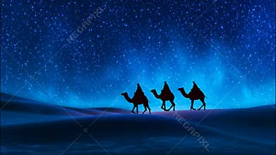 Three wise across journeying on camels illuminated a vast desert, men by a starry night sky, embodying hope and faith video 4k