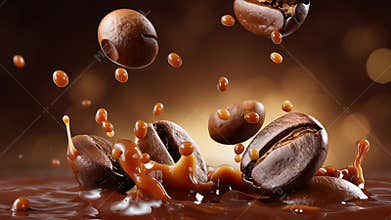 Coffee beans cascade through rich caramel sauce, creating a visually appealing close-up. Warm brown tones and shiny