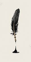 Elegant Noir Quill: A Dramatic Black Feather Pen Dripping a Viscous Pool of Ink