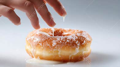 Hand drizzling sweet glaze over a delicious donut fresh out of the oven