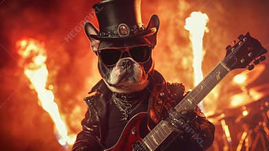 A French bulldog in a top hat and sunglasses plays guitar in front of fire