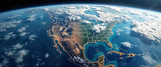 High altitude view of Earth. Continents, oceans clearly visible. Clouds cover large areas. Atmosphere visible. Perspective from