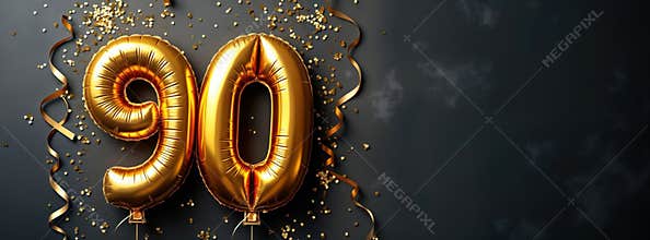 Golden foil balloons shaped as number ninety placed on dark gray concrete background. Festive gold confetti, golden ribbons