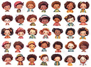 Happy cartoon little kids, isolated characters, cute child faces clipart, cartoon boys and girls portrait set