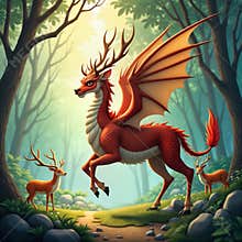 Mythical Qilin stands majestic in serene forest. Majestic creature combines dragon, deer features. Qilin walks in woodland
