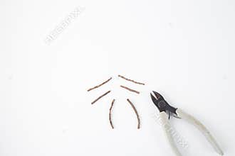 clean white surface with cutter to trim some small twigs. There are varying lengths of twigs scattered around, all ready