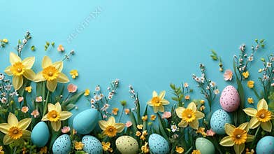 Spring daffodils and colorful easter eggs with blue background. Easter, Pascha, Paskha, Ostern, Pascua, Paques -