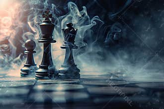 Chess piece standing on checkered game board during strategic game of chess, abstract vivid composition consists of