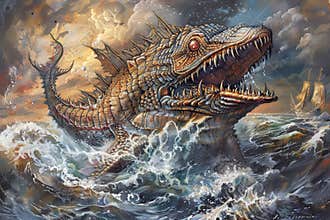 Terrifying scary sea monster in dark depths of deep blue ocean, abstract vivid composition consists of fictional unreal