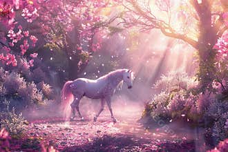 Fantastically beautiful mythological pink unicorn with big long horn, abstract vivid composition consists of fictional