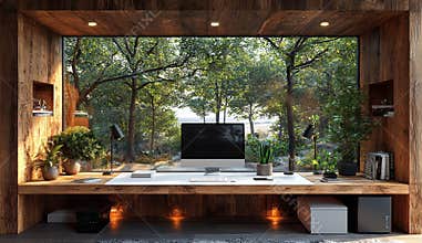 Online webinar with a beach ocean background, designed for virtual meetings in a home office setting, complete with a