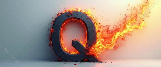 Explosive letter Q engulfed in flames