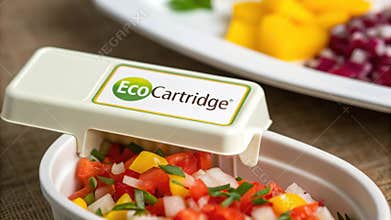 Food cartridge containing chopped vegetables for printing is opening