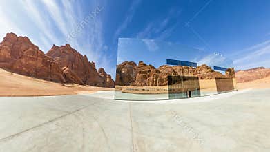 Maraya concert hall reflecting blue sky in Alula, Saudi Arabia