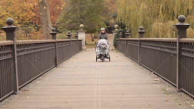 Mother walking with pushchair