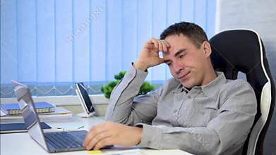 Freelancer Burnout. Tired Man Feeling Sleepy At Workplace In Home Office, Young Male Exhausted After Working Online On