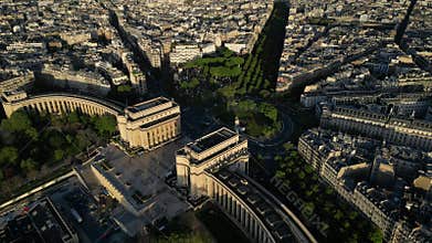 Aerial view of the Palais de Chaillot in Paris, France during the sunrise
