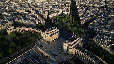 Aerial view of the Palais de Chaillot in Paris, France during the sunrise
