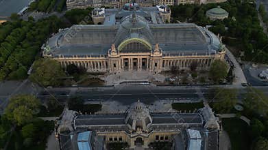 Aerial view of the Grand Palais des Champs-Elysees and the Petit Palais at sunrise in Paris, France
