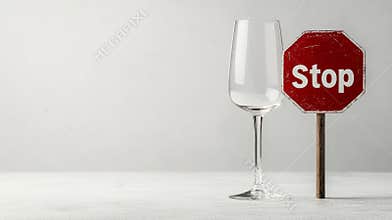 Empty wine glass blocking stop sign, representing sobriety journey and conscious choice to stop alcohol consumption