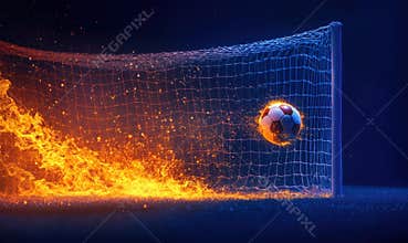 Soccer ball igniting flames in goal, dynamic action scene, vibrant colors, intense energy, sports concept