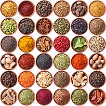 Collection of different spices and herbs isolated on white