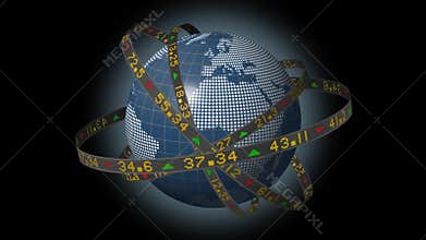 Globe with stock ticker ribbons