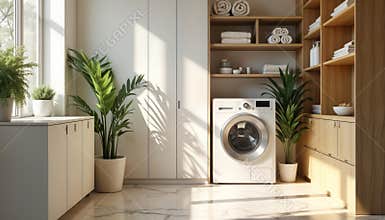 Modern laundry room boasts white washing machine. Beige color scheme with marble floors adds to luxurious appeal. Plenty of
