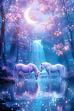 Magical Unicorns by Moonlit Waterfall in a Mystical Fantasy Forest Scene