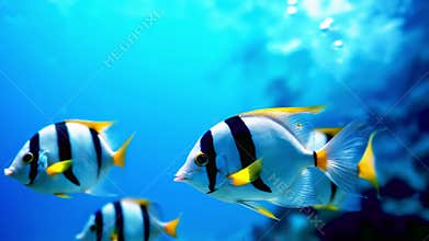 Vibrant School of Striped Tropical Fish in Crystal Clear Ocean Waters