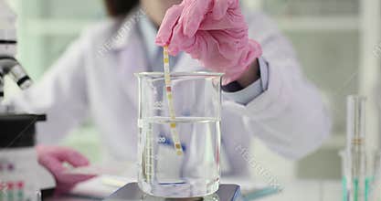 Laboratory assistant checks water sample with test strip