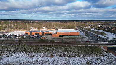 Solar Panels on Indoor swimming pool, winter. Lovely aerial view flight drone