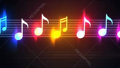 Musical notes dancing in vivid colors against dark background, radiating rhythmic energy through graphic musical