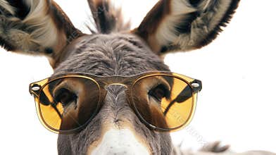 A close-up view of a donkey wearing glasses, capturing its unique features