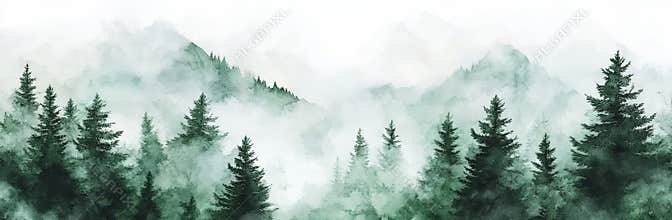 A seamless hand-painted watercolor border of mountains and pine trees. A pattern depicting a panoramic landscape in