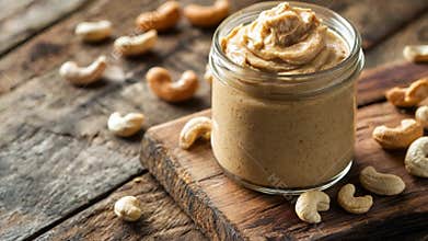 Homemade cashew butter in a glass jar with whole cashews on a wooden surface during natural light