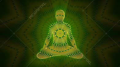 Looped meditation background with silhouette in lotus pose and shiny psychedelic mandala ornaments