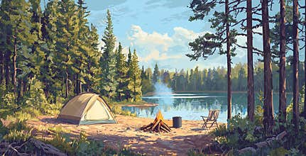 A summer forest camp equipped with a bonfire, tent, backpack, and lantern.