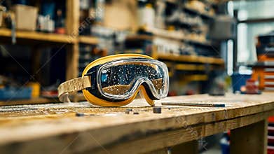 Protective goggles resting on workbench in manufacturing workshop