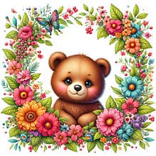 A cute little brown bear, framed by colorful flowers, with butterfly and green leaves, cartoon, white background