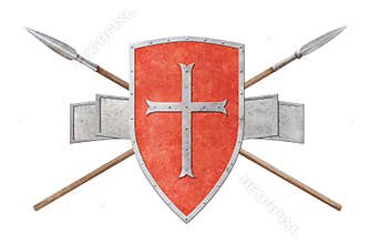 red medieval shield decorated with a cross two spears and banner on white