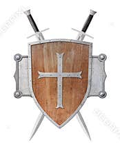 two swords and wooden shield decorated with a cross isolated on white