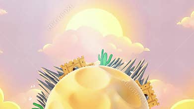 Cartoon Landscape Scenery with Building, Cacti and Mountains with a Sunny Illustration Style.