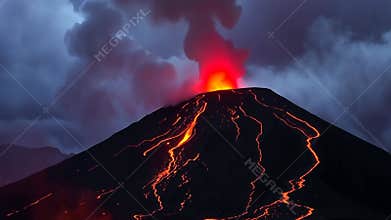 Erupting volcano with lava flow, natural disaster and earth power stock footage Generative AI