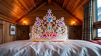 Sparkling princess crown on a plush bed, luxury and fairytale concept stock footage Generative AI