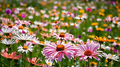 Field of pink daisy flowers, spring blossom and floral beauty stock footage Generative AI
