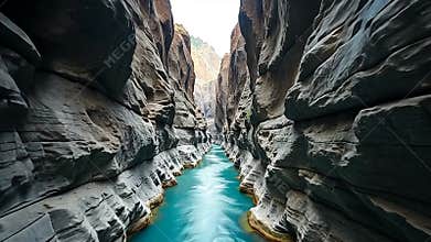 Canyon river with blue water, natural gorge and scenic landscape stock footage Generative AI