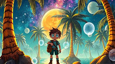 Boy in fantasy bubble world, imaginative scene and childhood dream stock footage Generative AI